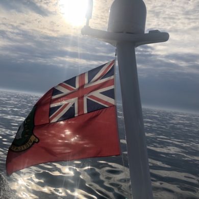 Moonwave sailing in Maine - flag in sunlight